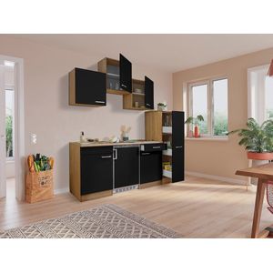 Goedkope keuken 180  cm - complete kleine keuken met apparatuur Luis - Eiken/Zwart - elektrische kookplaat  - koelkast  - mini keuken - compacte keuken - keukenblok met apparatuur