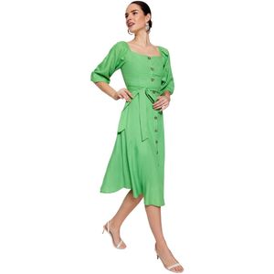 Trendyol Camelkleurige Midi-Jurk Met Knoopsluiting, Vierkante Kraag En Geweven Linnenlook Twoss19Ie0009