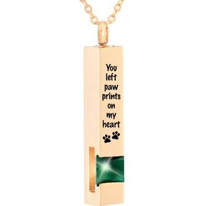 Luxe Ashanger | Met Ketting En Gravering | You Left Paw Prints On My Heart | Assieraad | Rosegoudkleurig Met Groene Steen | As Ketting | Gedenksieraad | Urn | Incl. As vuller