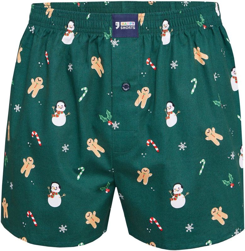 Happy Shorts Wijde kerst boxershort heren snowman + gingerbread groen