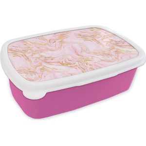 Broodtrommel Roze - Lunchbox - Brooddoos - Goud - Marmer - Chic - Patroon - 18x12x6 cm - Kinderen - Meisje