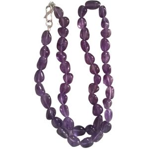 Gemstones - Natuurstenen Ketting - Amethist - 44 cm - 925 Zilveren Slot - Gepolijste Platte Stenen