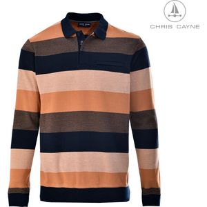 Chris Cayne polo sweater streep lange mouw – maat L – 34F452 - heren poloshirt met boord - sweatshirt – ingebreide streep - camel/blauw - borstzak