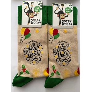 HAPPY NEW YEAR - SOKKEN - 2 Pack - Grappige Sokken voor Mannen & Vrouwen - One Size - Humorvolle Huissokken - Geschenk voor Heren, Dames, Vader, Moeder, Vriendin, Zus, Oma - Cadeau SOCKY WOCKY