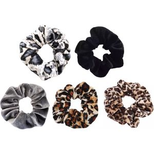 Scrunchie 5 stuks Velvet Extra Vol en Luxe - haarelastiek haarwokkel scrunchies - zwart - grijs - panterprint bruintinten - panterprint bruin/zwart - panterprint grijs/wit - Kraagjeskopen.nl