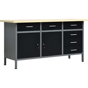 The Living Store Werkbank - Zwart/Grijs - 160x60x85 cm - 500 kg draagvermogen - 6 lades