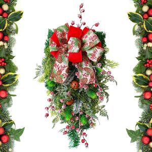 Kerstwag in druppelvorm - Swag Kerstmis om te decoreren - kerstkrans voor deur 49 cm met rode bessenstrik .