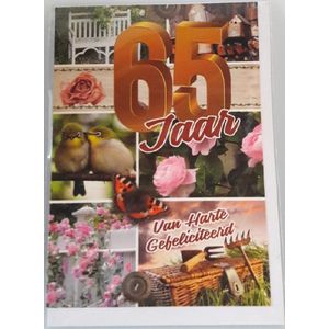 65 jaar! Van harte gefeliciteerd met je verjaardag! Een bijzondere kaart met roze rozen, vlinders, vogels en vogelhuisjes. Een leuke kaart om zo te geven of om bij een cadeau te voegen. Een dubbele wenskaart inclusief envelop en in folie verpakt.