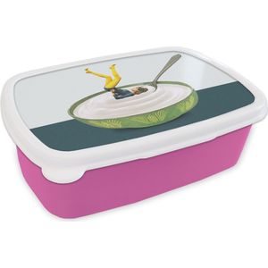 Broodtrommel Roze - Lunchbox - Brooddoos - Yoghurt - Yoga - Retro - 18x12x6 cm - Kinderen - Meisje