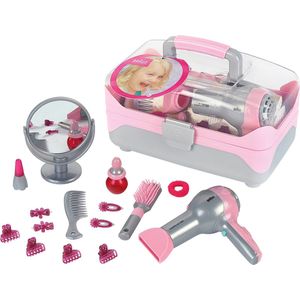 Klein Toys Braun hairstyling koffer met haardroger - haaraccessoires, spiegel, lippenstift en parfum - incl. ventilator met koude-lucht-mechanisme - roze grijs