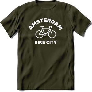 Amsterdam Bike City T-Shirt | Souvenirs Holland Kleding | Dames / Heren / Unisex Koningsdag shirt | Grappig Nederland Fiets Land Cadeau | - Leger Groen - S