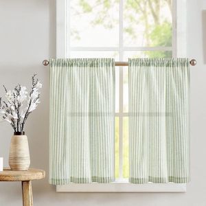 JGS ® Gestreepte vitrage, linnen, gordijnen met strepen, keukengordijn, ondoorzichtig, kort, keukengordijnen voor keuken, eetkamer, badkamer, klein raam 65 x 60 cm (cm), groen op beige