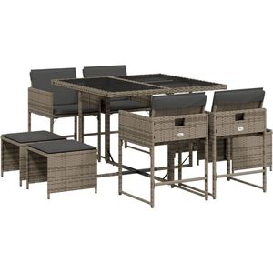 vidaXL 9-delige Tuinset - Poly Rattan - Grijs Tuin Set - Bistro Set - Buitendecoratie - Eetkamerset - Lounge Set