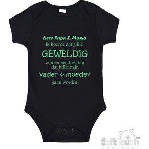 100% katoenen Romper ""Lieve papa & mama ik hoorde dat jullie geweldig zijn en ben heel blij dat jullie mijn vader & moeder gaan worden!"" Unisex Katoen Zwart/mint Maat 56/62