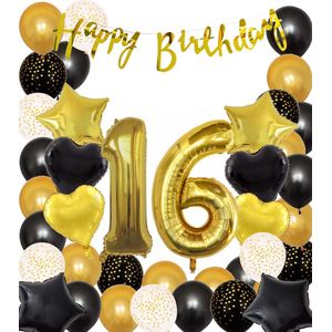 Snoes Ballonnen 16 Jaar Black Gold Dots Mega Ballon - Compleet Feestpakket Goud Zwart Stippen Cijferballon 16 - Verjaardag Versiering DIY Slinger Happy Birthday – Folieballon – Latex Ballonnen - Helium Ballonnen