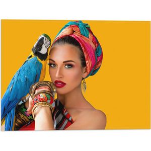 Vlag - Vrouw met Papegaai Gekleed in Kleurrijke Kleding en Make up - 40x30 cm Foto op Polyester Vlag