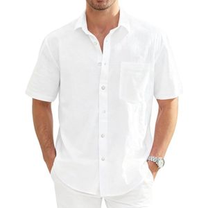 Heren Linnen Henley Overhemd Korte Mouwen Casual Zomer Shirt