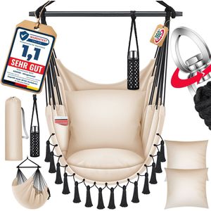 KESSER® Hangstoel Safari XXL met 2 kussens, drankhouder & boekenrek voor Binnen en Buiten tot 150 kg - Beige