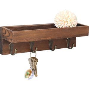 Mini-toetsenbord, houten sleutelhouder, sleutelrek/sleutelorganizer/haakframe met plank, wandorganizer met 4 metalen haken (bruin)