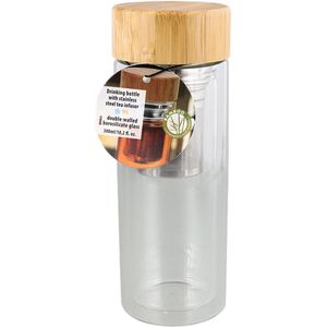 Treata - Dubbelwandige drinkfles met infuser- Fles met bamboe dop, thee infuser en hoes - Travel design