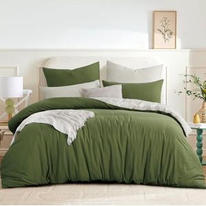 Omkeerbaar Dekbedovertrek 220 x 240 cm - Olijfgroen en Beige - Zacht en Strijkvrij Beddengoed