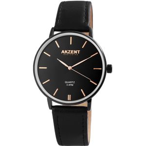 Akzent-Heren horloge-Analoog-Rond-42MM-Zwart-Zwart lederen band.