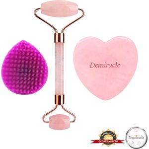 Demiracle® Face Roller & Gua Sha Love Bundle met Paarse Siliconen Gezichtsborstel  – Rose Quartz – Face Rollers – Gezichtsmassage – Massagetools – Massage - Ontspanning – Kwaliteit