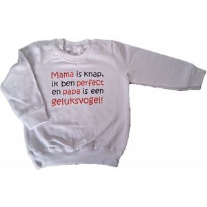 Witte baby sweater met ""Mama is knap, ik ben perfect en papa is een geluksvogel!"" - maat 68 - moeder, moederdag, vader, vaderdag, babyshower, zwanger, cadeautje, kraamcadeau, grappig, geschenk, baby, tekst, truitje, trui, babytruitje
