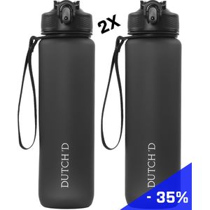 Dutch'D ® - 1 Liter - DEAL! Set van 2 stuks - Waterfles met rietje - Drinkfles - Zwart - Tritan - BPA Vrij - Rietje - Lek Vrij - Drinkfles Volwassenen en Kinderen