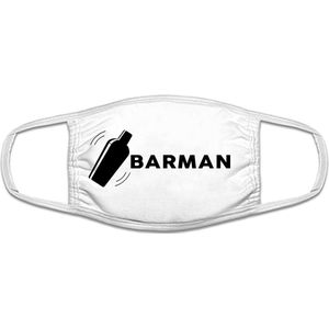 Barman | werk | beroep | gezichtsmasker | bescherming | bedrukt | logo | Wit mondmasker van katoen, uitwasbaar & herbruikbaar. Geschikt voor OV