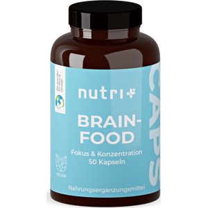 nutri+ Brainfood Capsules - Concentratie & focus - veganistisch supplement met cafeïne, choline, ginseng - 50 Capsules