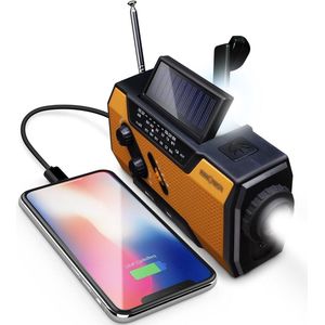 Noodradio - Radio voor Nood 2000 mAh Draagbare Zonne-energie-handslinger-batterijvoeding-radio (model A1) met SOS-LED-zaklamp en USB-oplaadaansluitingBED voor Buiten Wandelen