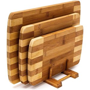 Dutchers® Bamboe Snijplankenset met Houder - 3-Delig - 39 x 25.5 x 1.6cm - Voor Keuken, Snijplanken, Serveerplank, Kaasplank, Borrelplank en Tapasplank - Snijplank Bamboe
