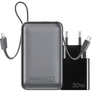 Phreeze Powerbank Mini PB04 - Krachtig & Kleine 20.000 mAh powerbank met Vaste Kabels - Inclusief 30W Snellader - Geschikt voor Apple Lightning, USB-C & Samsung
