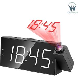 LifeStages - Klokradio - Projectiewekker - 7 Inch Digitaal Display en Dimmer - Dubbele Alarmen - Instelbaar Alarmvolume - Sluimeren - 12/24 Uur - Batterijback-up - USB-oplader - Woonkamer, Slaapkamer, Plafond en Muur - Zwart