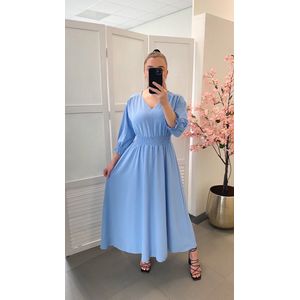 Maxi jurk - Blauw/lichtblauw - Lange jurk met veel stretch - Zomerjurk voor dames - Pofmouwen - Elastische tailleband - Jurkje voor vrouwen - One-size - Een maat