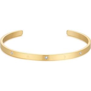Twice As Nice Armband in goudkleurig edelstaal, open bangle, kristallen, maantjes en sterretjes 6 cm