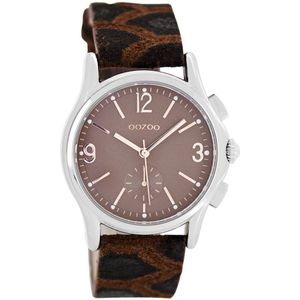 OOZOO Timepieces - Zilverkleurige horloge met bruine leren band - C7229