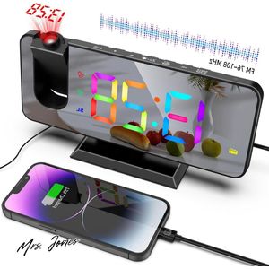 Mrs. Jones ThreeH Projectiewekker RGB radiowekker plafond 180 graden draaibare projector digitale kleurrijke wekker slaapkamer USB-oplaadpoort spiegelscherm zwart. .