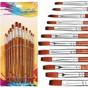 12 stuks platte penselen set professionele nylon verfborstels lange steel kunstenaar borstel voor aquarel acryl en olieverfschilderij (platte kop)