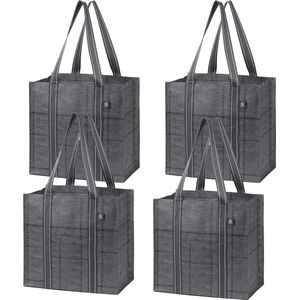 Set van 4 grote opvouwbare boodschappentassen met stevige bodem en voorvak, herbruikbare boodschappentassen, waterafstotende boodschappenmand voor boodschappenpicknick (zwarte ruit, 4 stuks)