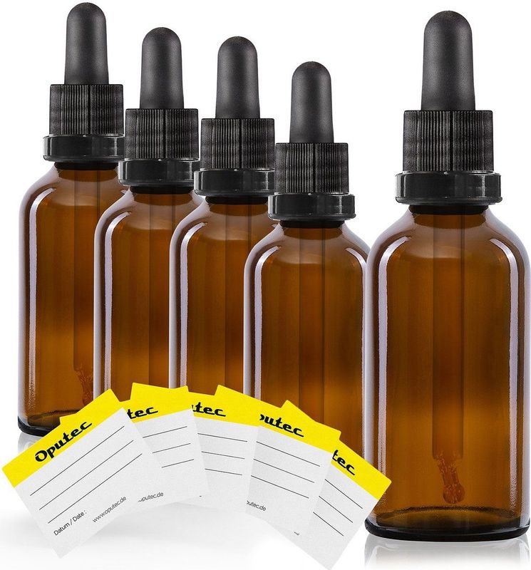 Oputec - Bruine Glazen Pipetfles - Set van 5 - 50 ml - Doseerfles met Glazen Pipet