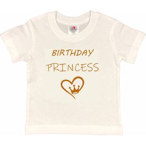 T-shirt Kinderen ""Birthday Princess"" | korte mouw | Wit/tan | maat 86/92 (XXS) Verjaardag Meisjes Prinses