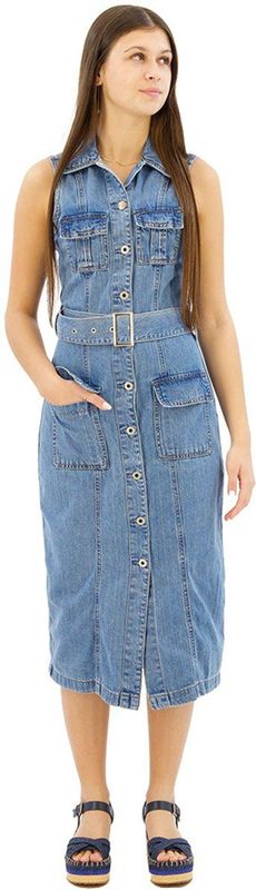 Pepe Jeans - PL953550 Liz - Midi-jurk - Blauw - Casual - Katoen - Denim - Mouwloos