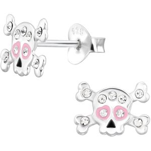 Joy|S - Zilveren skull oorbellen - doodskop - 10 x 7 mm - zilver met roze oogjes - kristal - halloween oorbellen