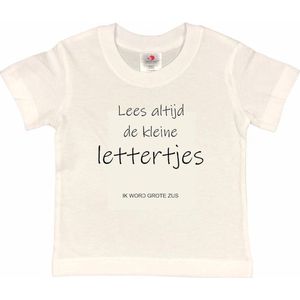 Shirt Aankondiging zwangerschap ""Lees altijd de kleine lettertjes (ik word grote zus)"" | korte mouw | Wit/zwart | maat 134/140 zwangerschap aankondiging bekendmaking Baby big bro Sis Sister