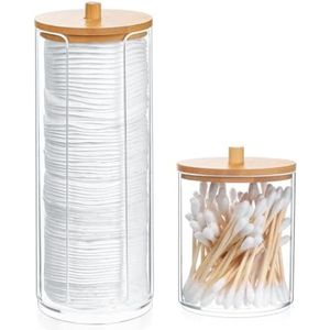 PolkaHome Bamboe Wattenschijf Dispenser - 2-delige Opbergdoos voor Badkamer Organisatie