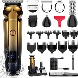 Hatteker 7-in-1 Baardtrimmer & Haartrimmer voor Mannen – Elektrisch Scheerapparaat – Draadloos, Waterdicht & Oplaadbaar – Complete Grooming Set – Goud