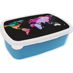 Broodtrommel Blauw - Lunchbox - Brooddoos - Wereldkaart - Waterverf - Regenboog - 18x12x6 cm - Kinderen - Jongen