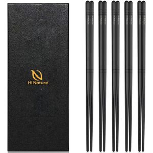 HI NATURE™ Luxe Chopsticks Set - Koreaanse Eetstokjes - Herbruikbaar en Vaatwasserbestendig - 5 Paar - Antislip - Metaal / RVS - Zwart
